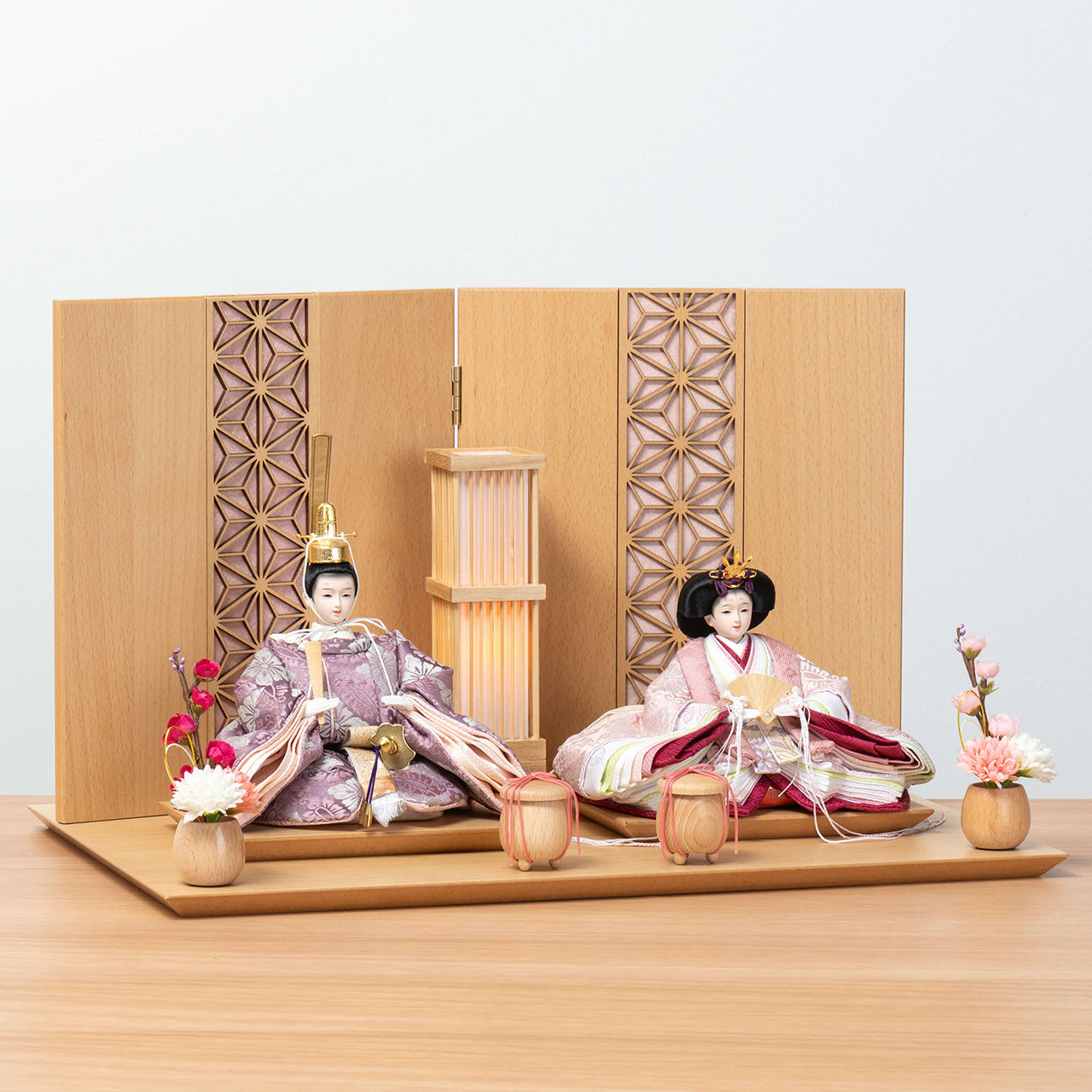 ことのひな人形　ゆい　麻の葉　N平台　ピンク和紙　駿河行燈付