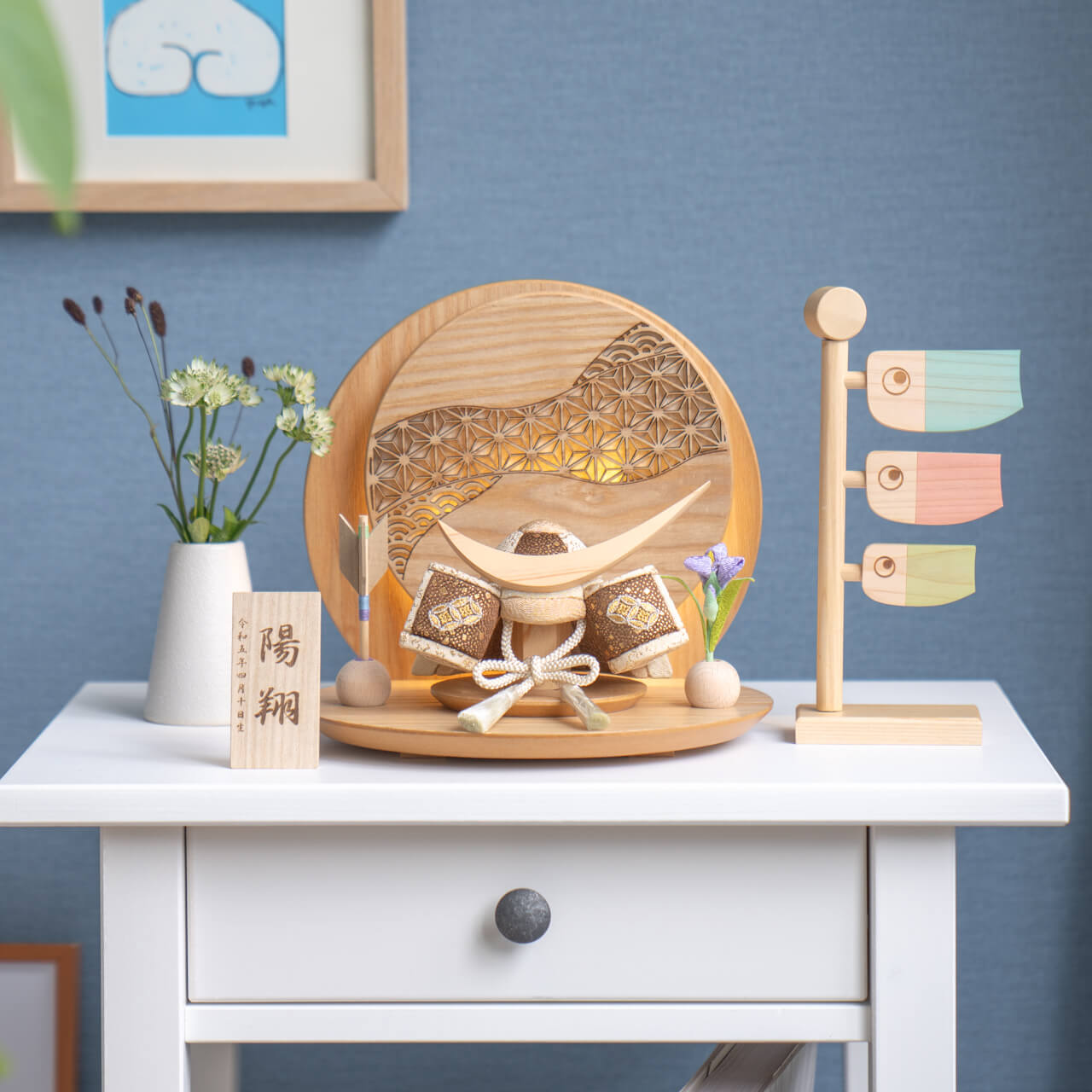 ことの木目込かぶと　つき　伊達政宗　灯丸衝立　麻の葉　N