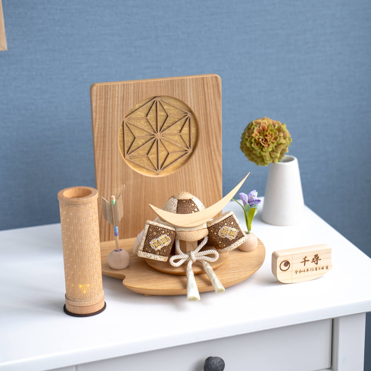 ことの木目込かぶと　つき　伊達政宗　木目衝立　麻の葉